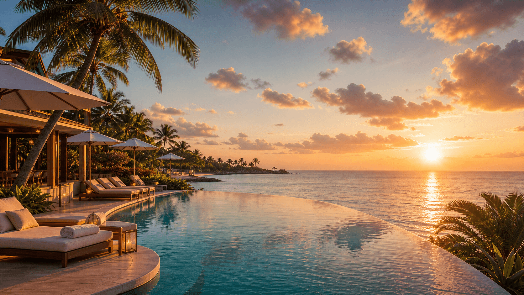 Piscina infinita de un resort frente al mar al atardecer